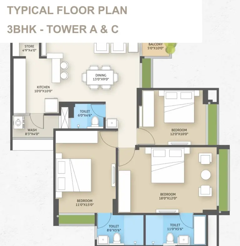 DARSHANAM SPINEL STONE - TYPICAL FLOOR PLAN - 3BHK - TOWER A & C