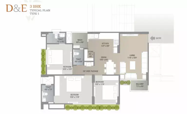 Darshanam Splendora-II - D & E 3BHK Typical Plan - Type 1