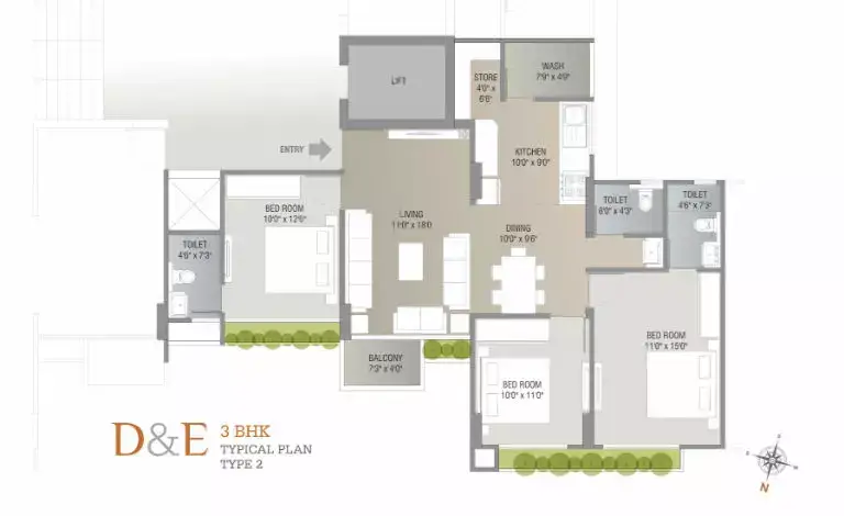 Darshanam Splendora-II - D & E 3BHK Typical Plan - Type 2