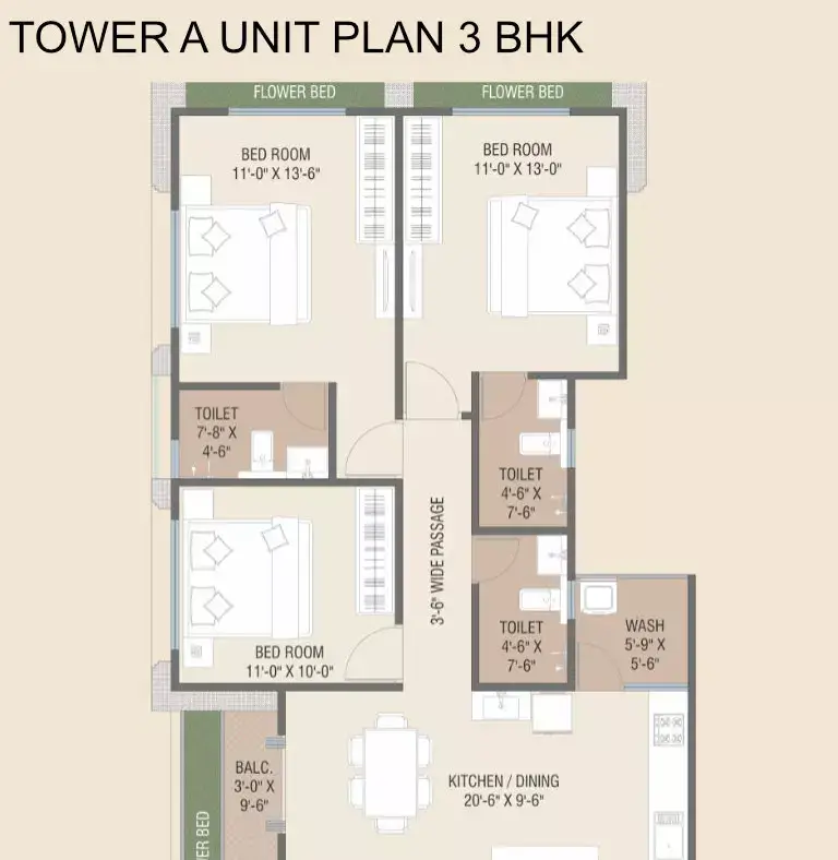 DARSHANAM TWIN TOWER - TOWER A UNIT PLAN 3 BHK